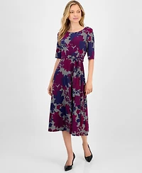 Kasper Women's Printed Tie-Waist Elbow-Sleeve Midi Dress