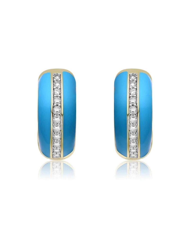 14K Gold Plated with Clear Cubic Zirconia Colored Enamel Hoop Earrings