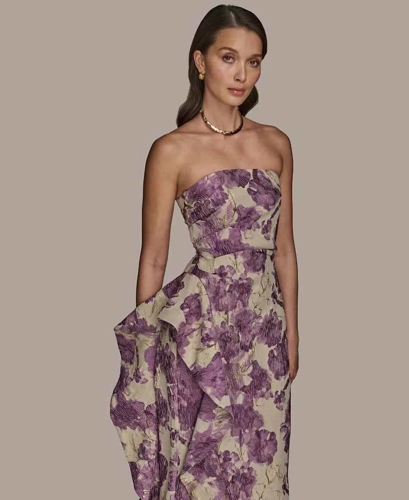 Donna Karan New York Women's Strapless Ruffled Floral Procade Gown