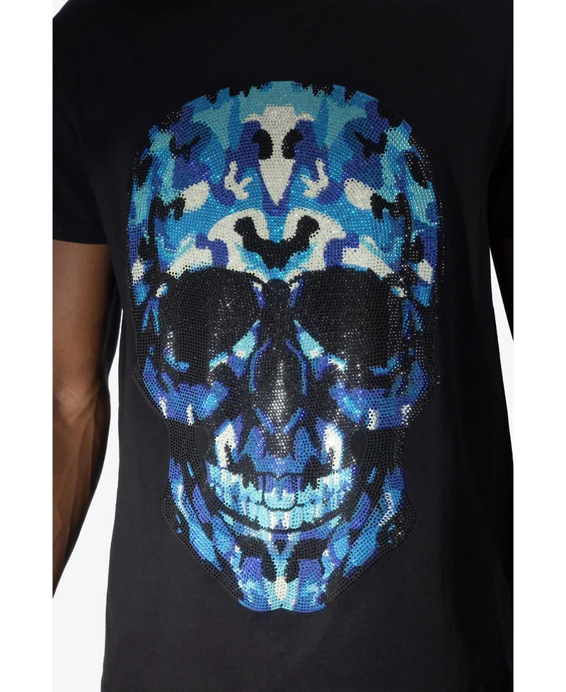 heads or tails Men's Blue Skull Rhinestone Crew T-Shirt