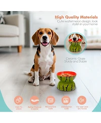 P.t. Supply Co. Watermelon Shaped Stoneware Elevated Pet Bowl, Raised Ceramic Food & Water Dish for Dogs and Cats