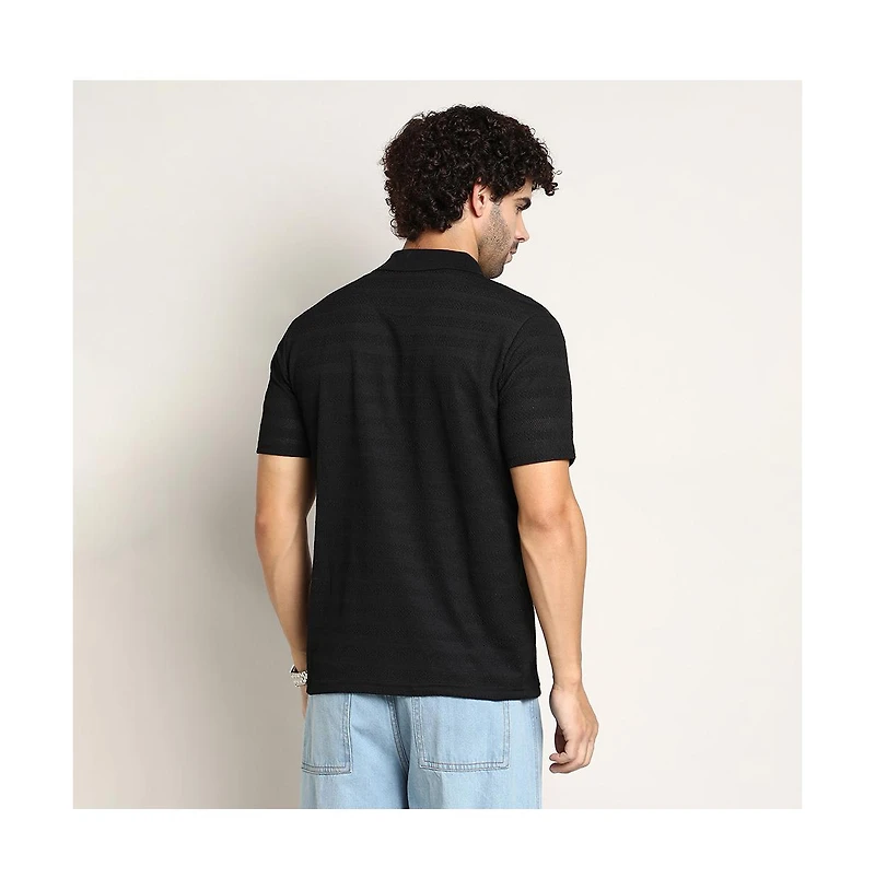 Campus Sutra Men's Onyx Black Panel-Tactile Cuban Polo T-Shirt