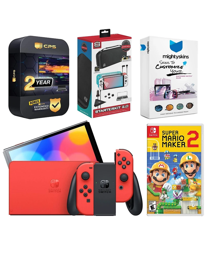 Nintendo Switch Oled Mario Red Edition with Mario Maker 2, Surge Accessory Gaming Kit, MightySkins Console and Controller Skin Voucher and 2 Year Cps