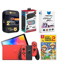 Nintendo Switch Oled Mario Red Edition with Mario Maker 2, Surge Accessory Gaming Kit, MightySkins Console and Controller Skin Voucher and 2 Year Cps