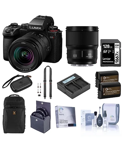 Panasonic Lumix S5II Mirrorless Camera, Black, with Lumix S 20-60mm f/3.5-5.6 and 85mm f/1.8 Lens, Bundle with 128GB Memory Card, Backpack, 2x Extra B