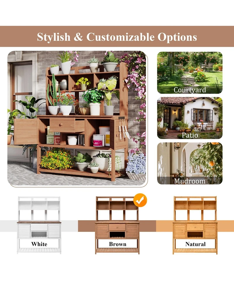 Fir Wood Potting Bench with Hutch & Shelves