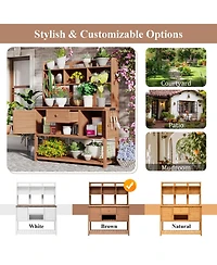 Fir Wood Potting Bench with Hutch & Shelves