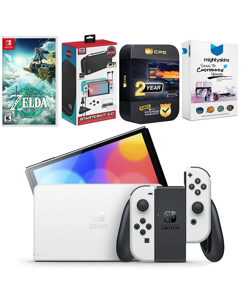 Nintendo Switch White Oled Console with the Legend of Zelda: Tears of the Kingdom, Surge Accessory Gaming Kit, MightySkins Console and Controller Skin