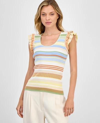 T Tahari Women's Striped Ribbed Flutter-Sleeve Scoop-Neck Top