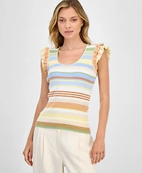 T Tahari Women's Striped Ribbed Flutter-Sleeve Scoop-Neck Top