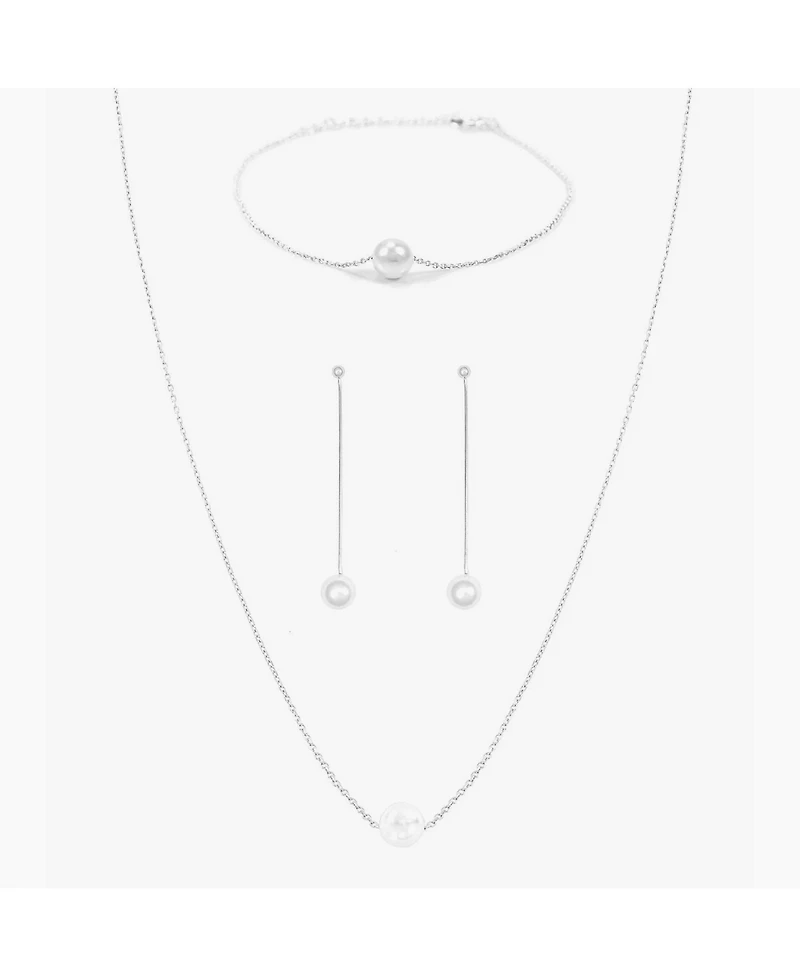 Sterling Silver Abby Single Cultured Pearl Bracelet, Necklace & Dangled Drop Earrings Set