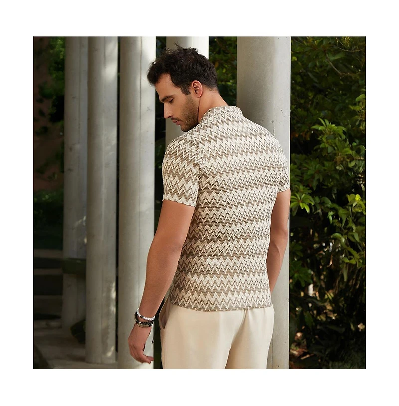 Campus Sutra Men's French Beige & Off White Zig-Zag Knit Polo T-Shirt