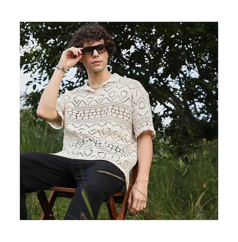 Campus Sutra Men's Off-White Bohemian Oversized Polo T-Shirt