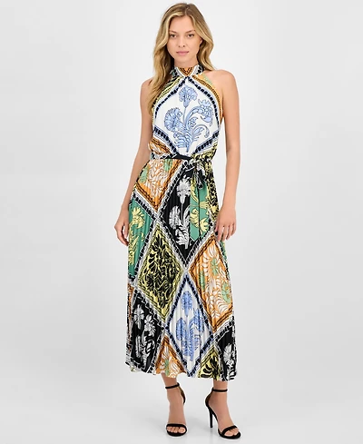 T Tahari Women's Printed Tie-Waist Pleated-Skirt Halter Maxi Dress