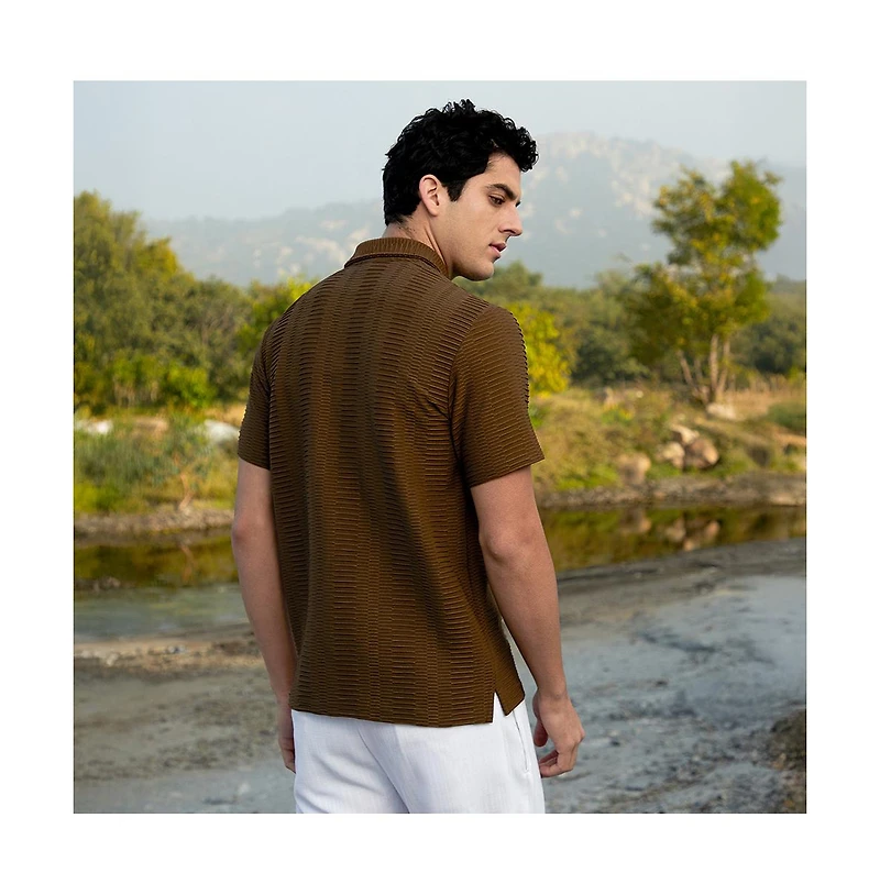 Campus Sutra Men's Mocha Brown Flatten-Ruched Polo T-Shirt