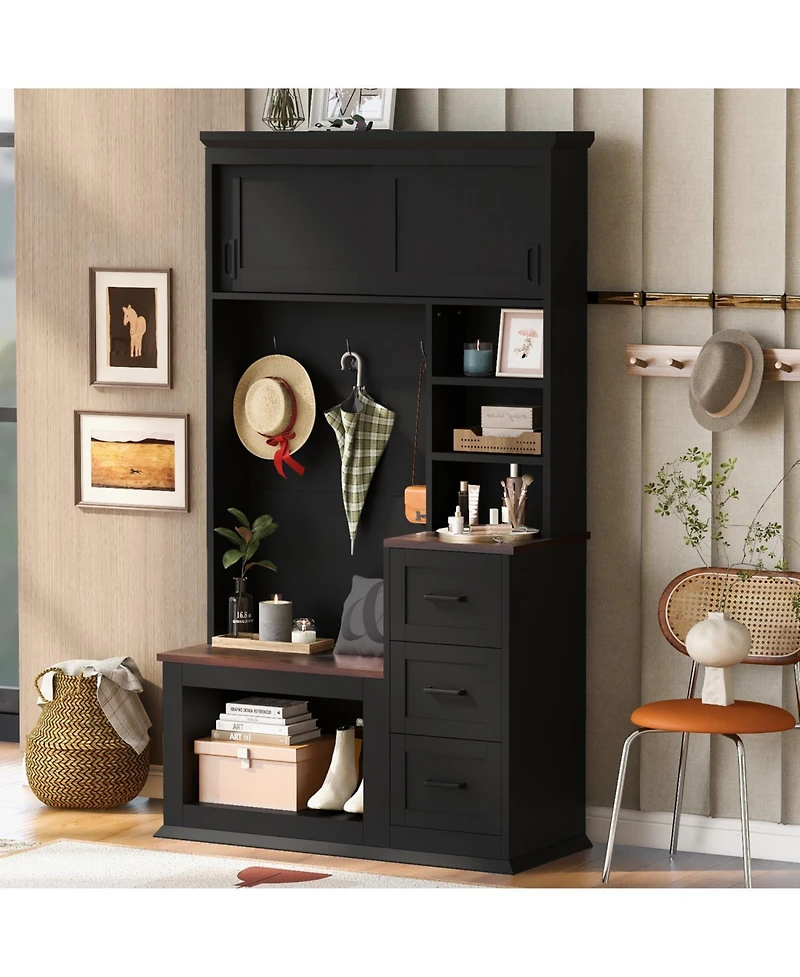 Entryway Hall Tree with Bench, Storage, and Hooks