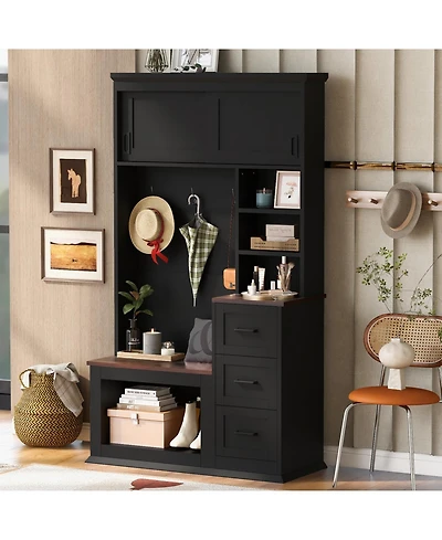 Entryway Hall Tree with Bench, Storage, and Hooks