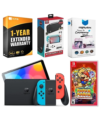 Nintendo Switch Neon Red & Blue Oled Console with Paper Mario: the Thousand Year Door, Surge Accessory Gaming Kit