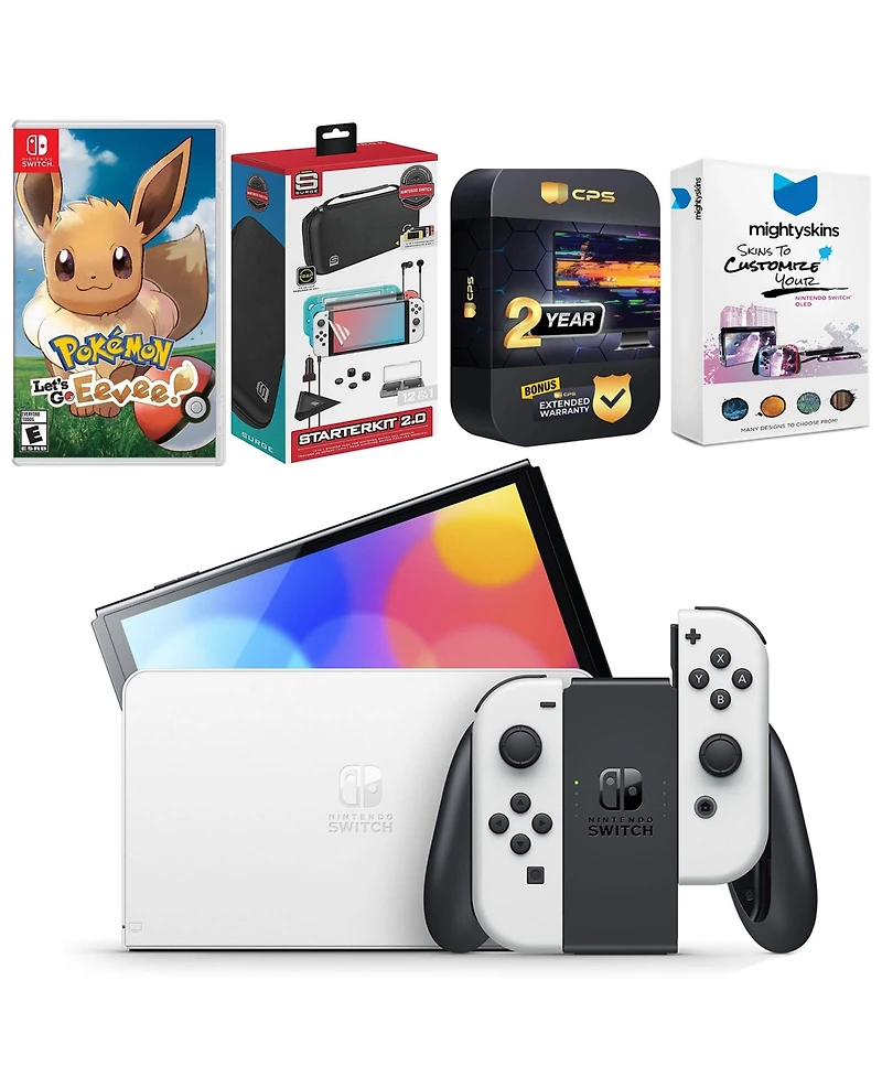 Nintendo Switch White Oled Console with Pokemon: Let's Go, Eevee!, Surge Accessory Gaming Kit, MightySkins Console and Controller Skin Voucher, and 2