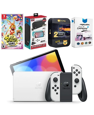 Nintendo Switch White Oled Console with Rabbids: Party of Legends, Surge Accessory Gaming Kit, MightySkins Console and Controller Skin Voucher, and 2