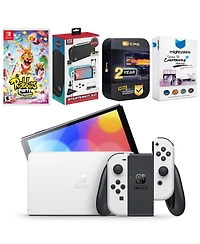 Nintendo Switch White Oled Console with Rabbids: Party of Legends, Surge Accessory Gaming Kit, MightySkins Console and Controller Skin Voucher