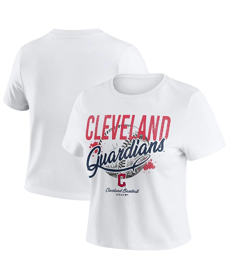 Wear by Erin Andrews Women's White Cleveland Guardians Distressed Cropped Baby T-Shirt