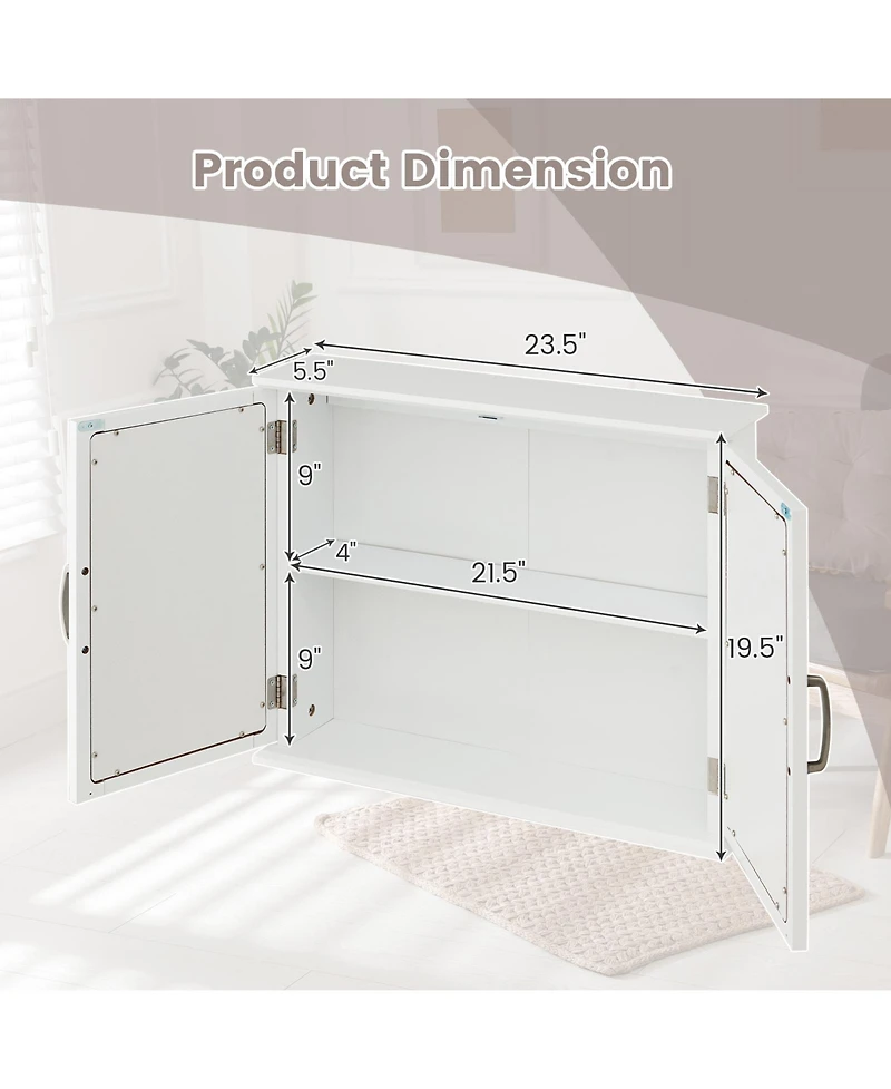 2-Tier Bathroom Wall-Mounted Mirror Storage Cabinet with Handles