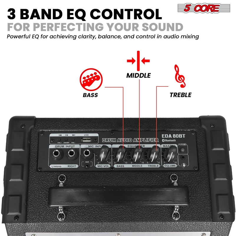 5 Core Electric Drum Amplifier 80W Professional Bluetooth Drumming Amp w 8” Speaker w 3 Band Eq