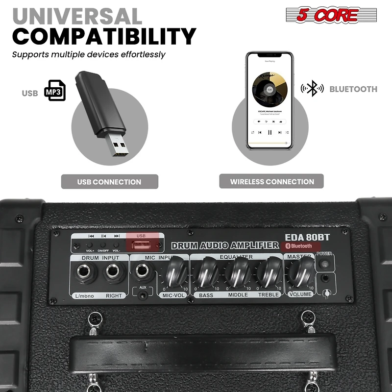 5 Core Electric Drum Amplifier 80W Professional Bluetooth Drumming Amp w 8” Speaker w 3 Band Eq