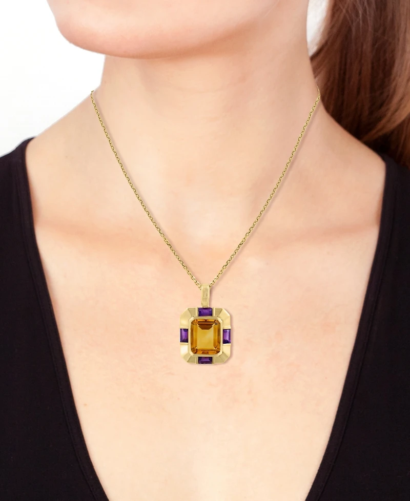Effy Citrine (6-1/2 ct. t.w.) & Amethyst (1/10 ct. t.w.) Pendant Necklace in 14k Gold-Plated Silver, 17" + 1" extender