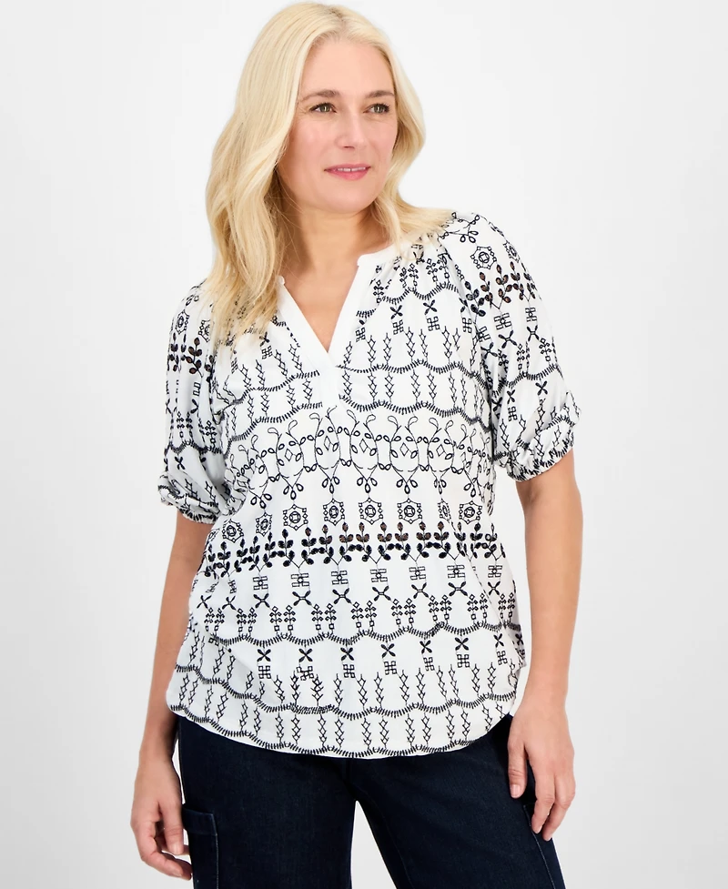 Style & Co Petite Eyelet Summer Split-Neck Top, Exclusively at Macy's