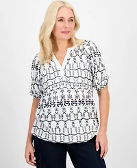 Style & Co Petite Eyelet Summer Split-Neck Top, Exclusively at Macy's