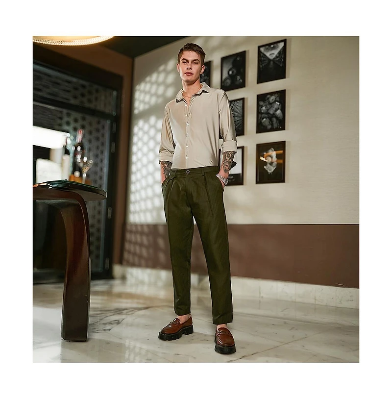 Campus Sutra Men's Juniper Green Striped Tailored Trousers