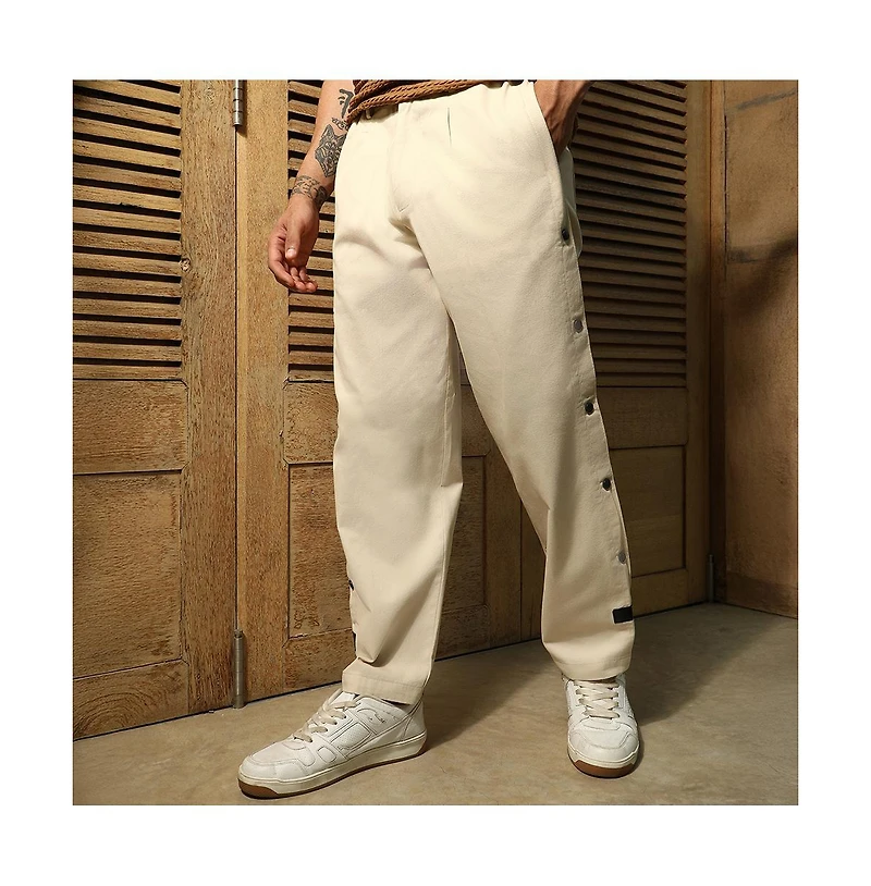 Campus Sutra Men's Off-White Side-Snap Straight Trousers