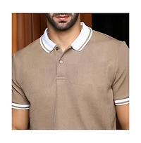 Campus Sutra Men's Sand Beige Cuboid-Stripe Polo T-Shirt