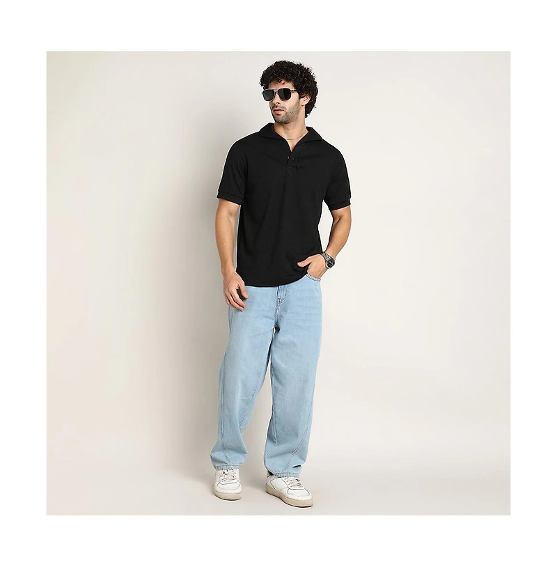 Campus Sutra Men's Onyx Black Tactitle Spread-Polo T-Shirt