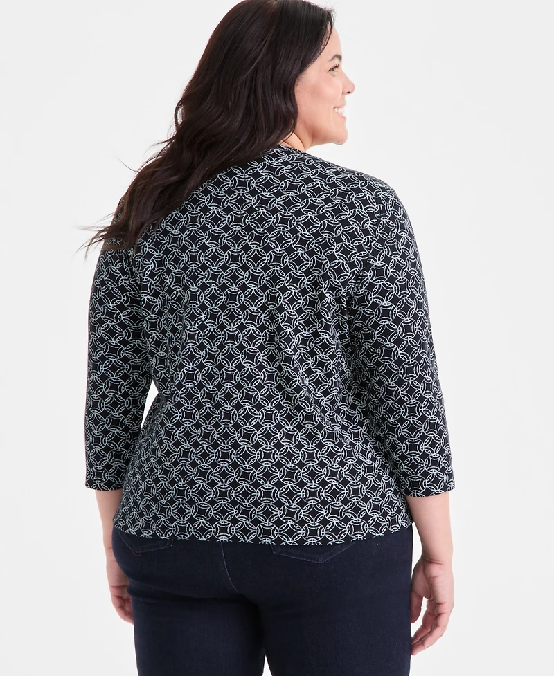 Style & Co Plus Printed 3/4-Sleeve Henley Top, Exclusively at Macy's