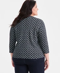 Style & Co Plus Printed 3/4-Sleeve Henley Top, Exclusively at Macy's