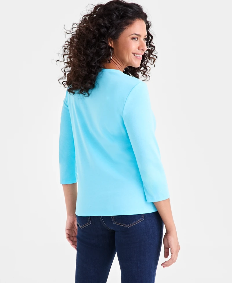 Style & Co Women's Cotton 3/4-Sleeve V-Neck Tee, Created for Macy's