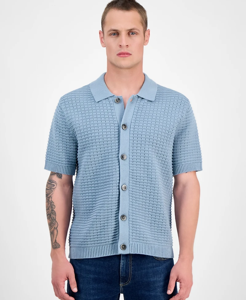 Sun + Stone Men's Cooper Short Sleeve Textured Knit Button-Front Sweater, Exclusively at Macy's