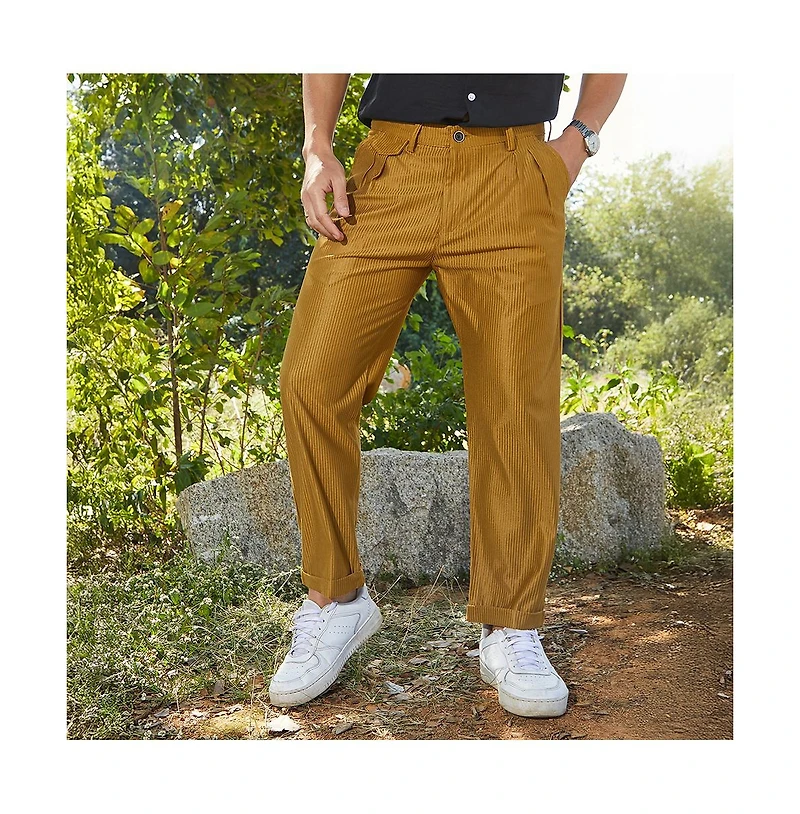 Campus Sutra Men's Mustard Yellow Corduroy Tailored Trousers