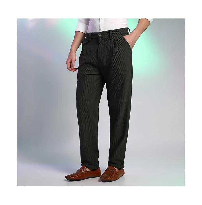 Campus Sutra Men's Midnight Black Corduroy Tailored Trousers