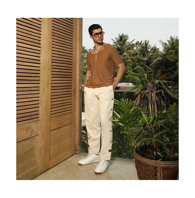 Campus Sutra Men's Coffee Brown Crease-Tactile Cuban Polo T-Shirt