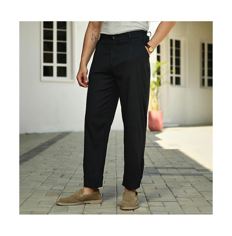 Campus Sutra Men's Midnight Black Linen-Blend Tapered Trousers