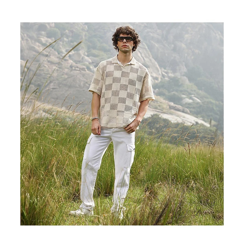 Campus Sutra Men's Off-White Grid Oversized Polo T-Shirt