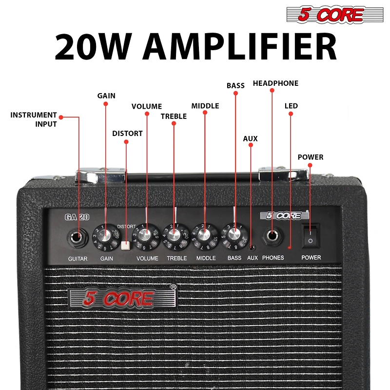 5 Core Guitar Amp 20W Electric Portable Mini Amplifier w Built in 6.5" Speaker Aux Headphone Jack