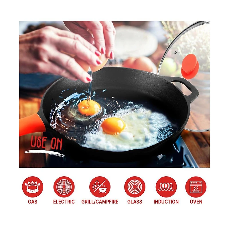 NutriChef 12'' Pre-Seasoned Cast Iron Pan with Glass Lid & Silicone Handle NCCI12