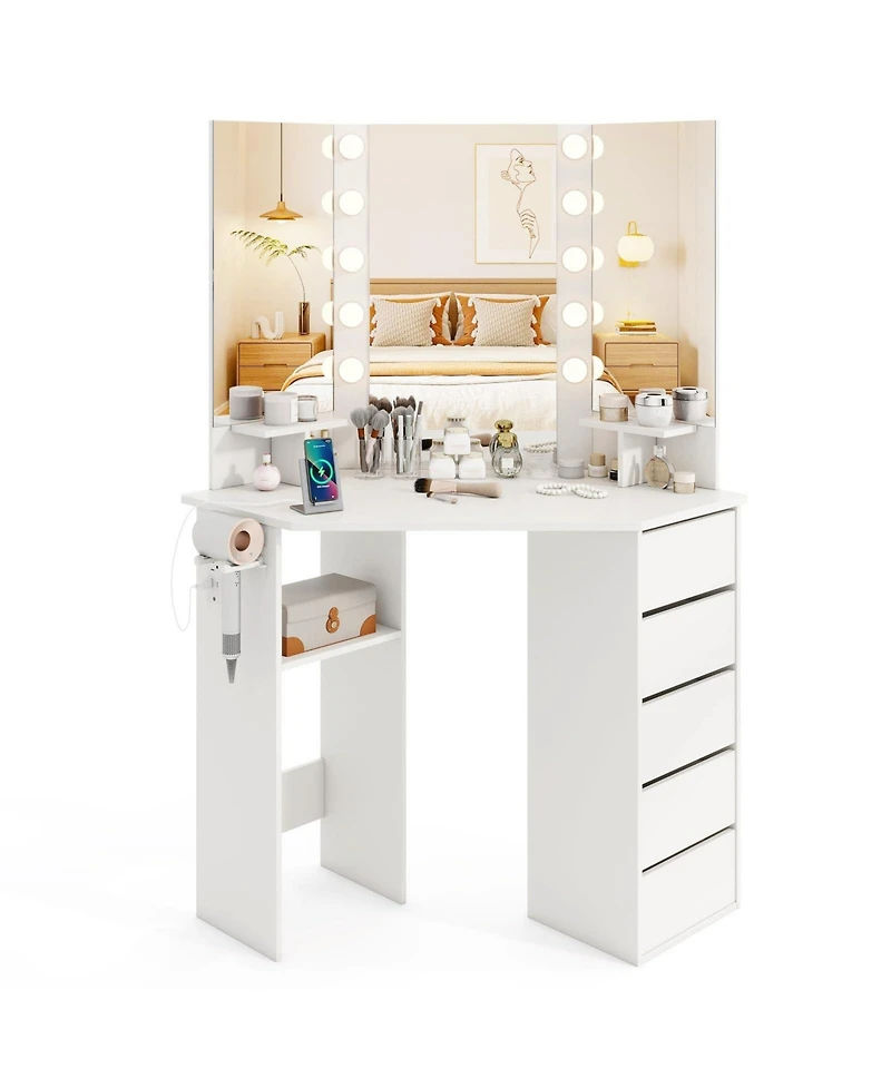 Corner Vanity Desk with 3-Color Led Lighted Mirror and Power Outlet