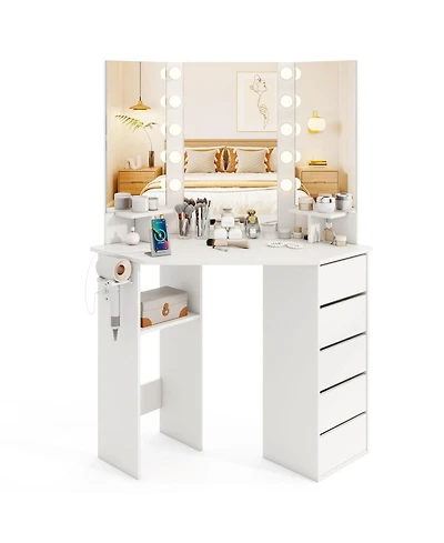 Corner Vanity Desk with 3-Color Led Lighted Mirror and Power Outlet