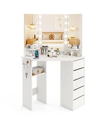 Corner Vanity Desk with 3-Color Led Lighted Mirror and Power Outlet